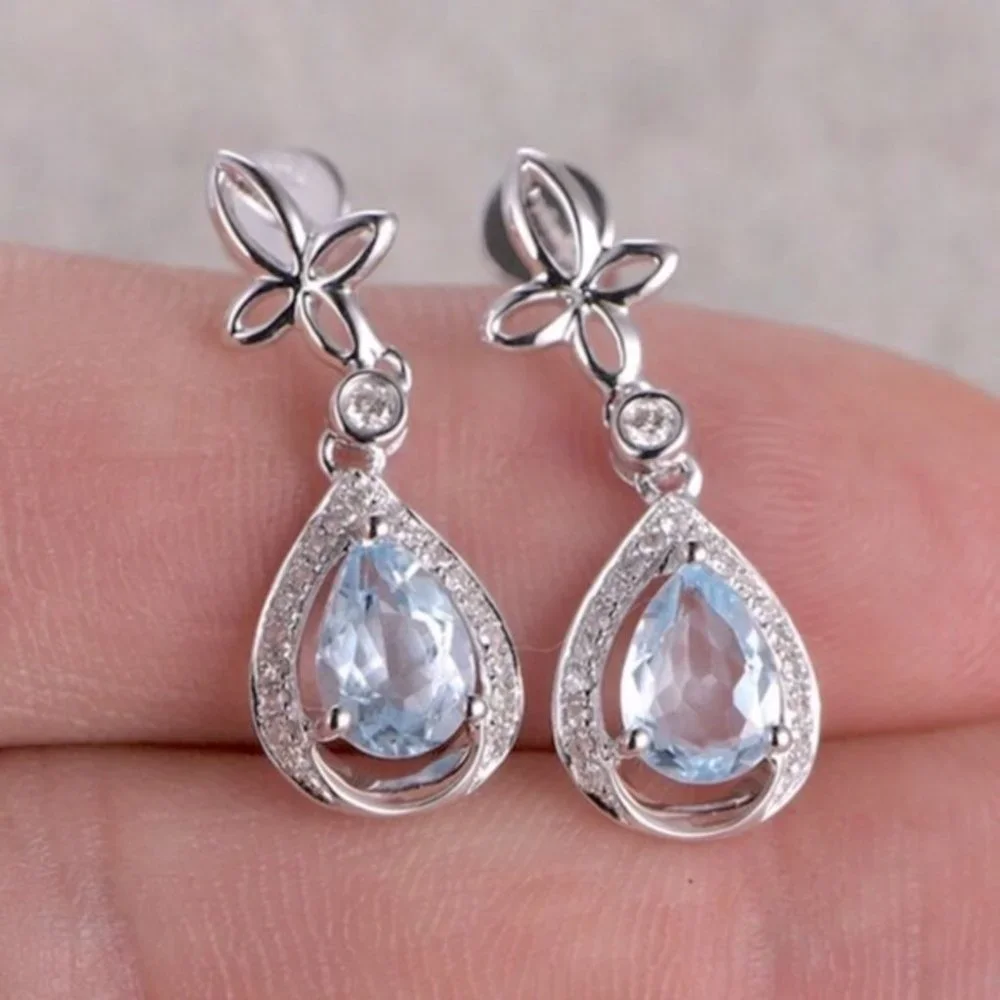 Gorgeous 925 Silver Sim. Diamond Aquamarine Drop Earrings